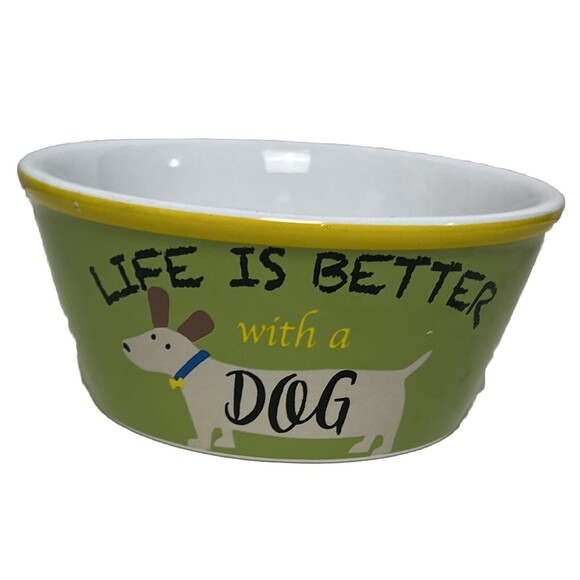 Pet Bowl Ceramic Dish Food Water LIFE IS BETTER WITH A DOG Woof Vibrant Life New - Picture 2 of 4